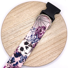 Load image into Gallery viewer, Dog Collar/ Pink Skulls and Flowers Dog Collar/ Flowers and Skulls Dog Collar/ Gothic Dog Collar/ Halloween Dog Collar/ Fabric Dog Collar