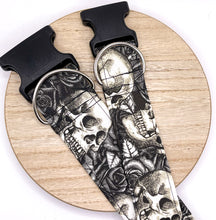 Load image into Gallery viewer, Dog Collar/ Black Skulls Dog Collar/ Flowers and Skulls Dog Collar/ Gothic Dog Collar/ Halloween Dog Collar/ Fabric Dog Collar