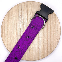 Load image into Gallery viewer, Dog Collar/ Purple Spiders with Web Dog Collar/ Purple Webs Dog Collar/ Spider Web Dog Collar/ Halloween Dog Collar/ Fabric Dog Collar