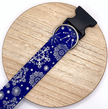 Load image into Gallery viewer, Dog Collar/ Metallic and Blue Snowflake Dog Collar/ Winter Dog Collar/ Snowflake Dog Collar/ Fabric Dog Collar