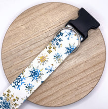 Load image into Gallery viewer, Dog Collar/ Blue and Gold Snowflakes Dog Collar/ Snowflakes Dog Collar/ Winter Dog Collar/ Snow Dog Collar / Fabric Dog Collar