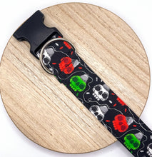 Load image into Gallery viewer, Dog Collar/ Skull Lights Dog Collar/ Creepy Christmas Dog Collar/ Spooky Holiday Dog Collar/ Christmas Skulls Dog Collar/ Fabric Dog Collar