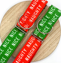 Load image into Gallery viewer, og Collar/ Naughty and Nice Martingale Collar Dog Collar/ Naughty List and Nice List Dog Collar/ Funny Dog Collar/ Fabric Dog Collar
