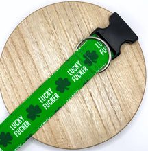 Load image into Gallery viewer, Dog Collar/ Lucky Fucker Dog Collar/ St. Patricks Day Dog Collar/ Lucky Dog Collar/ Swear Dog Collar/ Fabric Dog Collar

