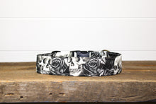 Load image into Gallery viewer, Dog Collar/ Black Skulls Dog Collar/ Flowers and Skulls Dog Collar/ Gothic Dog Collar/ Halloween Dog Collar/ Fabric Dog Collar