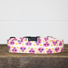 Load image into Gallery viewer, Dog Collar/ Pink Skull Dog Collar/ Skeleton Dog Collar/ Halloween Dog Collar/ Fabric Dog Collar
