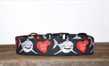 Load image into Gallery viewer, Dog Collar/ Love Bites Dog Collar/ Valentines Dog Collar/ Sharks Dog Collar/ Valentines Shark Hearts Dog Collar/ Fabric Dog Collar