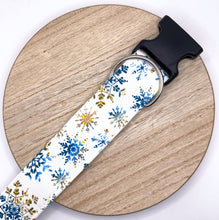 Load image into Gallery viewer, Dog Collar/ Blue and Gold Snowflakes Dog Collar/ Snowflakes Dog Collar/ Winter Dog Collar/ Snow Dog Collar / Fabric Dog Collar

