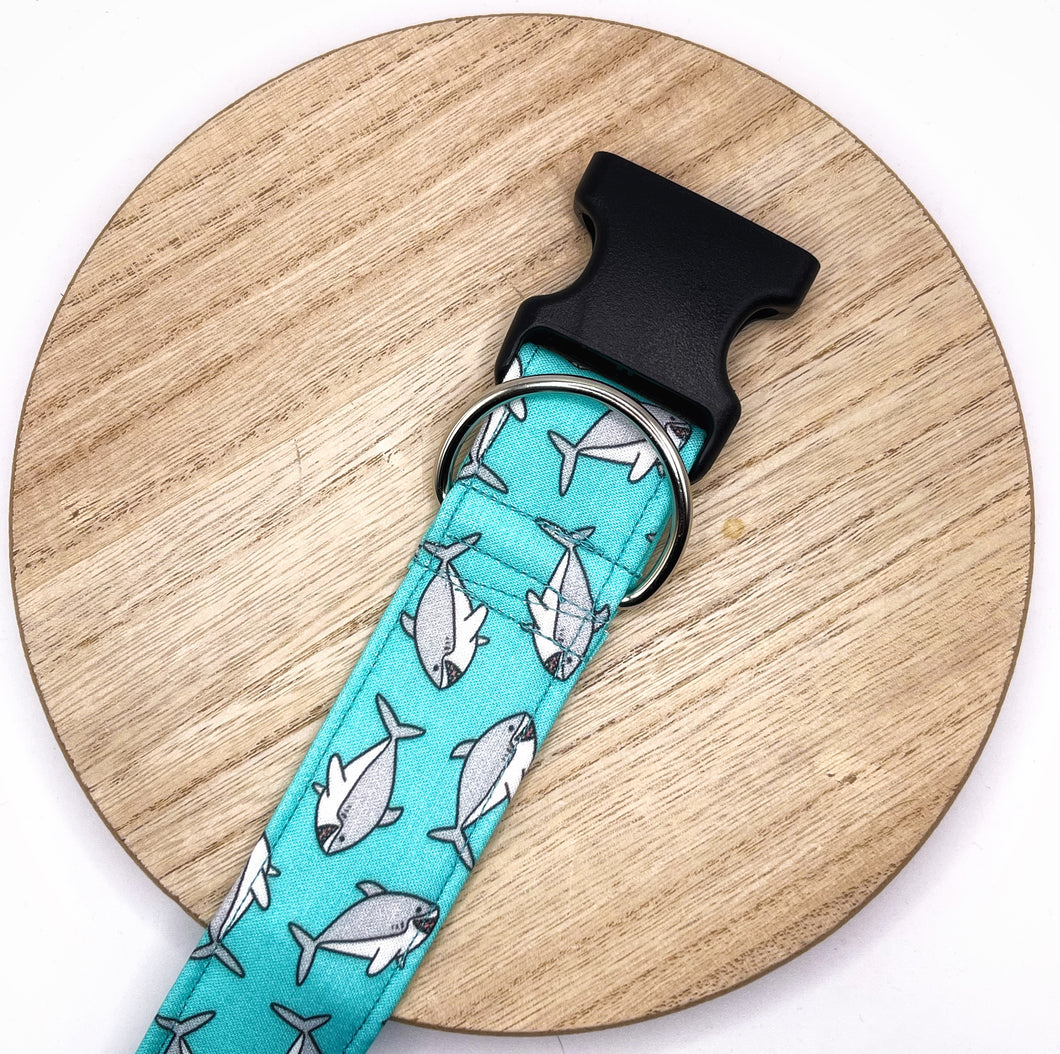 Dog Collar/ Chunky Sharks Dog Collar/ Teal Shark Dog Collar/ Great White Dog Collar/ Fabric Dog Collar