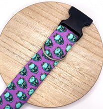 Load image into Gallery viewer, Dog Collar/ Purple Zombie Faces Dog Collar/ Neon Scary Dog Collar/ Halloween Dog Collar/ Spooky Dog Collar/ Fabric Dog Collar/ Skulls Dog Collar
