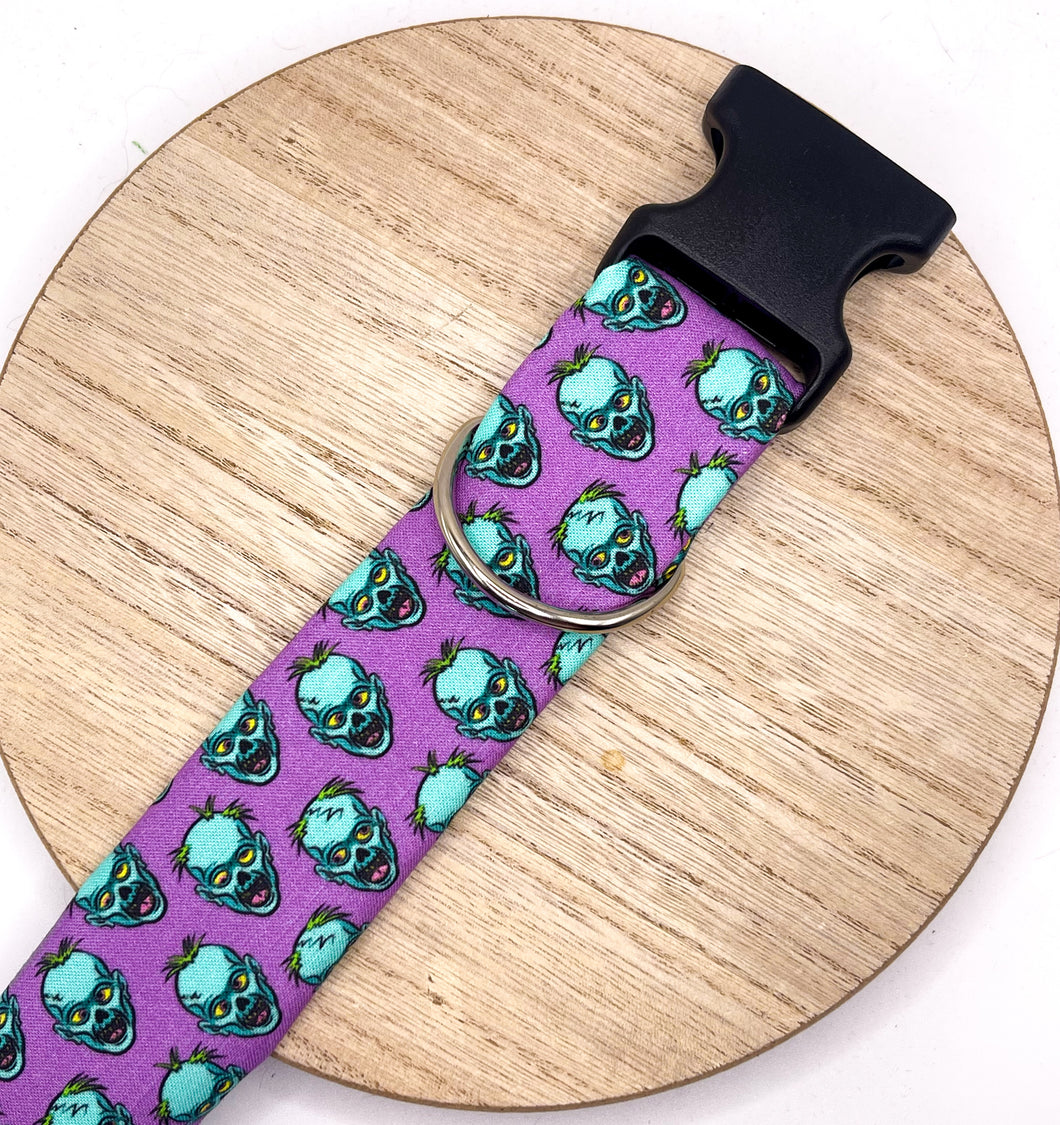 Dog Collar/ Purple Zombie Faces Dog Collar/ Neon Scary Dog Collar/ Halloween Dog Collar/ Spooky Dog Collar/ Fabric Dog Collar/ Skulls Dog Collar