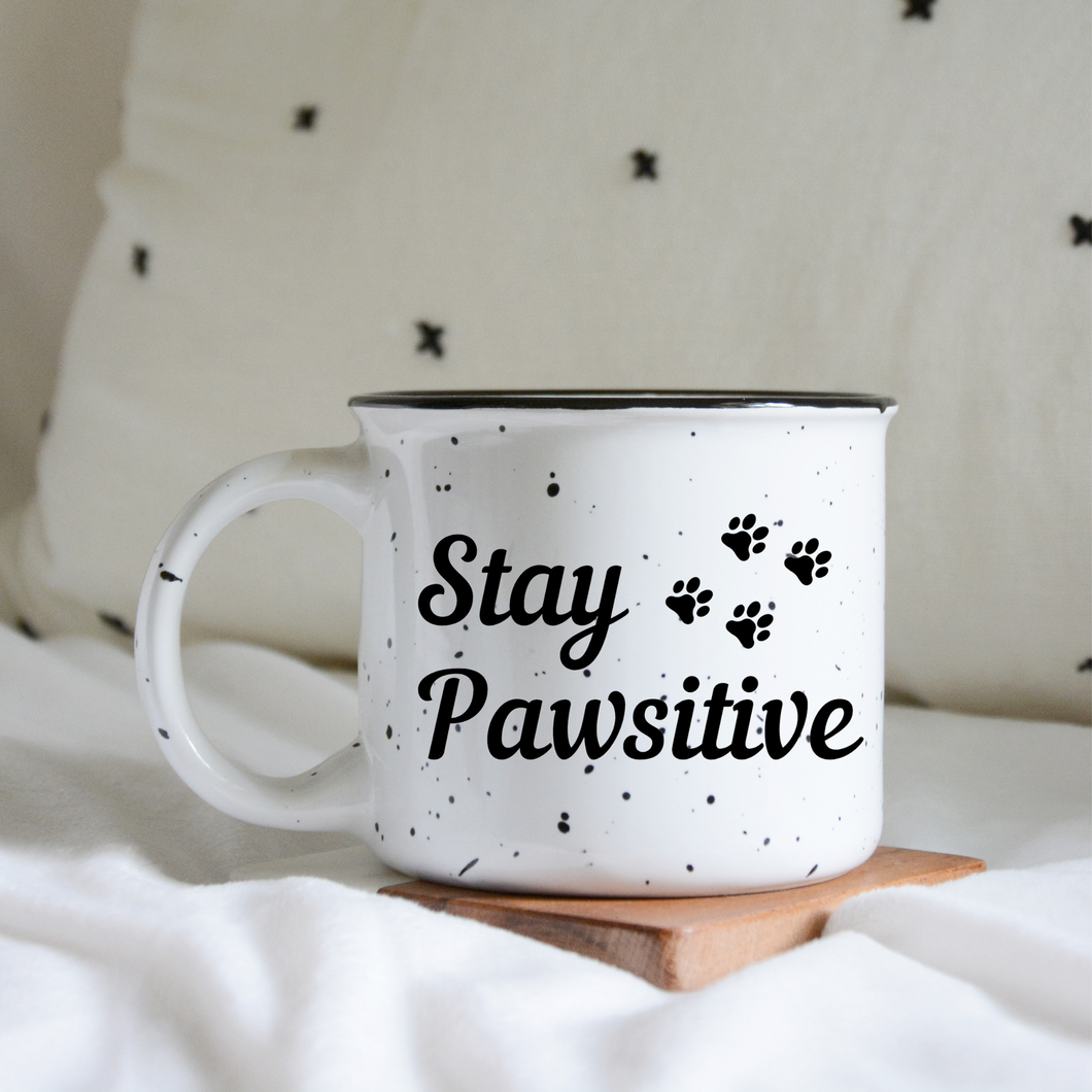 Stay Pawsitive Mug/ Dog Themed Ceramic Mug/ Campfire Dog Mug/ Camping Mug/ Personalized Dog Mug/ Funny Dog Mug