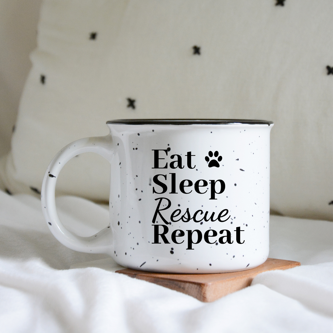 Eat Sleep Rescue Repeat Mug/ Dog Themed Ceramic Mug/ Campfire Dog Mug/ Camping Mug/ Personalized Dog Mug/ Funny Dog Mug